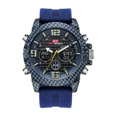 KAT-WACH Sport Watches for Men, Big Face Watch for Men 53mm, Dual Time Watch, Blue Dial, Carbon fiber Case, 5ATM Waterproof Watch, Analog Display, Digital Display, Unique Display, Multi-Function Watch KT-1804BU