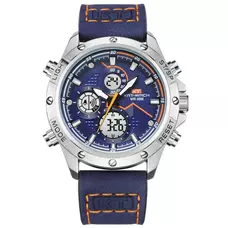 KAT-WACH Casual Watches for Men, Big Face Watch for Men 47mm, Dual Time Watch, Blue Dial, Sliver Case, Band With Pin Buckle, 5ATM Waterproof Watch, Analog Display, Digital Display, Unique Display, Multi-Function Watch KT-1805BU