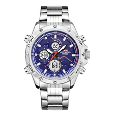 KAT-WACH Casual Watches for Men, Big Face Watch for Men 47mm, Dual Time Watch, Blue Dial, Sliver Case, Safety Buckle Steel Belt，5ATM Waterproof Watch, Analog Display, Digital Display, Unique Display, Multi-Function Watch KT-1805SBU