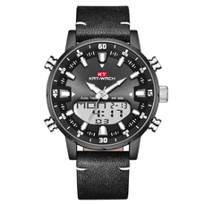 KAT-WACH Casual Watches for Men, Big Face Watch for Men 48mm, Dual Time Watch, Black Dial, Black Case, Band With Pin Buckle, 5ATM Waterproof Watch, Analog Display, Digital Display, Unique Display, Multi-Function Watch KT-1815BK