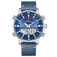 KAT-WACH Casual Watches for Men, Big Face Watch for Men 48mm, Dual Time Watch, Blue Dial, Sliver Case, Band With Pin Buckle, 5ATM Waterproof Watch, Analog Display, Digital Display, Unique Display, Multi-Function Watch KT-1815BU