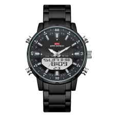 KAT-WACH Casual Watches for Men, Big Face Watch for Men 48mm, Dual Time Watch, Black Dial, Black Case, Safety Buckle Steel Belt, 5ATM Waterproof Watch, Analog Display, Digital Display, Unique Display, Multi-Function Watch KT-1815SBK
