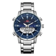 KAT-WACH Casual Watches for Men, Big Face Watch for Men 48mm, Dual Time Watch, Blue Dial, Sliver Case, Safety Buckle Steel Belt, 5ATM Waterproof Watch, Analog Display, Digital Display, Unique Display, Multi-Function Watch KT-1815SBU