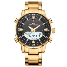 KAT-WACH Casual Watches for Men, Big Face Watch for Men 48mm, Dual Time Watch, Black Dial, Gold Case, Safety Buckle Steel Belt, 5ATM Waterproof Watch, Analog Display, Digital Display, Unique Display, Multi-Function Watch KT-1815SGD