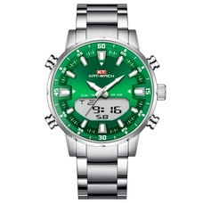 KAT-WACH Casual Watches for Men, Big Face Watch for Men 48mm, Dual Time Watch, Green Dial, Sliver Case, Safety Buckle Steel Belt, 5ATM Waterproof Watch, Analog Display, Digital Display, Unique Display, Multi-Function Watch KT-1815SGN