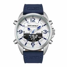 KAT-WACH Casual Watches for Men, Big Face Watch for Men 48mm, Dual Time Watch, White Dial, Sliver Case, Band With Pin Buckle, 5ATM Waterproof Watch, Analog Display, Digital Display, Unique Display, Multi-Function Watch KT-1818WT