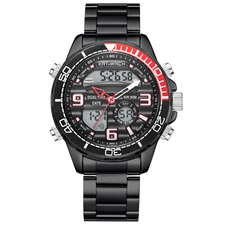 KAT-WACH Casual Watches for Men, Big Face Watch for Men 47mm, Dual Time Watch, Black Dial, Black Case, Safety Buckle Steel Belt, 5ATM Waterproof Watch, Analog Display, Digital Display, Unique Display, Multi-Function Watch KT-1881SBK