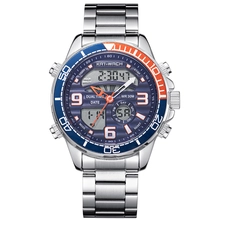 KAT-WACH Casual Watches for Men, Big Face Watch for Men 47mm, Dual Time Watch, Blue Dial, Silver Case, Safety Buckle Steel Belt, 5ATM Waterproof Watch, Analog Display, Digital Display, Unique Display, Multi-Function Watch KT-1881SBU