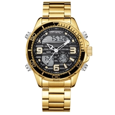 KAT-WACH Casual Watches for Men, Big Face Watch for Men 47mm, Dual Time Watch, Black Dial, Gold Case, Safety Buckle Steel Belt, 5ATM Waterproof Watch, Analog Display, Digital Display, Unique Display, Multi-Function Watch KT-1881SGD