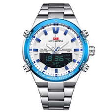 KAT-WACH Casual Watches for Men, Big Face Watch for Men 51mm, Dual Time Watch, White Dial, Sliver Case, Safety Buckle Steel Belt, 5ATM Waterproof Watch, Analog Display, Digital Display, Unique Display, Multi-Function Watch KT-1962SWT