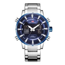 KAT-WACH Casual Watches for Men, Big Face Watch for Men 48mm, Dual Time Watch, Blue Dial, Sliver Case, Safety Buckle Steel Belt, 5ATM Waterproof Watch, Analog Display, Digital Display, Unique Display, Multi-Function Watch KT-2027SBU