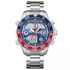 KAT-WACH Casual Watches for Men, Big Face Watch for Men 47mm, Dual Time Watch, Blue Dial, Silver Case, Safety Buckle Steel Belt, 5ATM Waterproof Watch, Analog Display, Digital Display, Unique Display, Multi-Function Watch KT-2211SBU