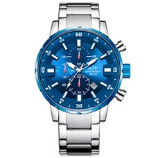 KAT-WACH Casual Watches for Men, Big Face Watch for Men 48mm, Analog Display Watch, Blue Dial, Sliver Case, Safety Buckle Steel Belt, 5ATM Waterproof Watch,  Unique Display, Timer And Calendar Function Watch KT-3101SBU