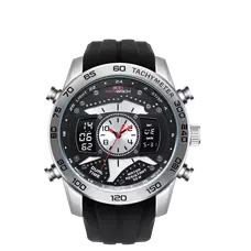 KAT-WACH Sport Watches for Men, Big Face Watch for Men 51mm, Dual Time Watch, Black Dial, Silver Case, 5ATM Waterproof Watch, Analog Display, Digital Display,Unique Display, Multi-Function Watch KT-714BK