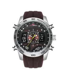 KAT-WACH Sport Watches for Men, Big Face Watch for Men 51mm, Dual Time Watch, Black And Brown Dial, Silver Case, 5ATM Waterproof Watch, Analog Display, Digital Display,Unique Display, Multi-Function Watch KT-714BN