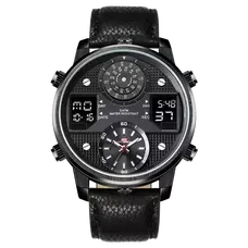 KAT-WACH Casual Watches for Men, Big Face Watch for Men 50mm, Three Time Watch, Black Dial, Black Case, Band With Pin Buckle, 5ATM Waterproof Watch, Analog Display, Digital Display,Unique Display, Multi-Function Watch KT-720BK